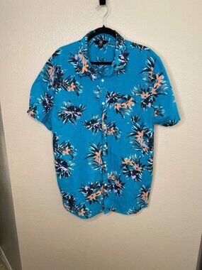 Volcom Mens Button-Up Hawaiian Shirt  XXL Teal Tropical Floral Pattern Casual